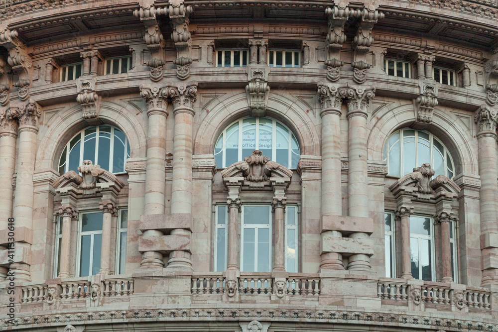 Close-up of the palace of the New Stock Exchange, Genoa, Italy