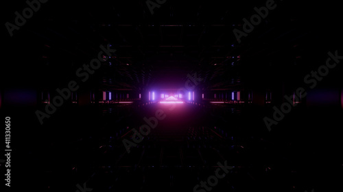 3D rendering of futuristic brightneon pink and purple fractal particles in dark photo