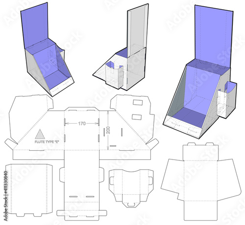 Counter display stand and Die-cut Pattern. The .eps file is full scale and fully functional. Prepared for real cardboard production. The .eps file is full scale and fully functional.