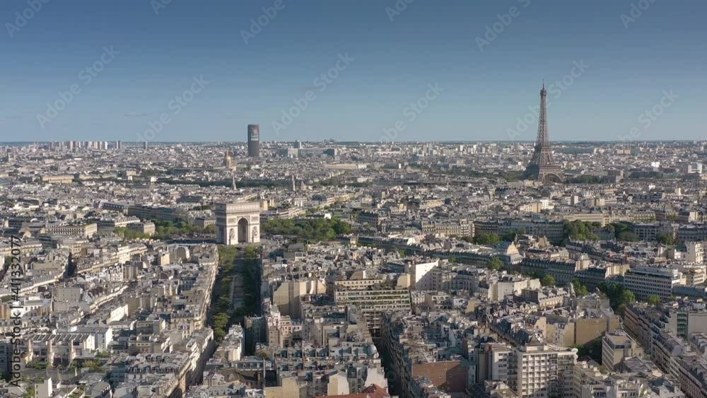 flight over paris city famous arch and tower district sunny day aerial panorama 4k france flight over paris city famous arch and tower district sunny day aerial panorama 4k france