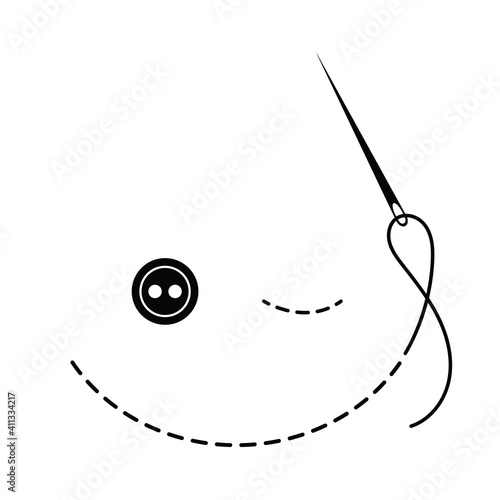 Silhouette of embroidered smile with interrupted contour and sewing button (eye). Vector illustration of handmade work with embroidery thread and needle on white background.	