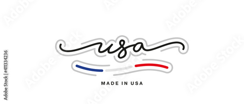 Made in USA new modern handwritten typography calligraphic logo sticker American flag ribbon banner