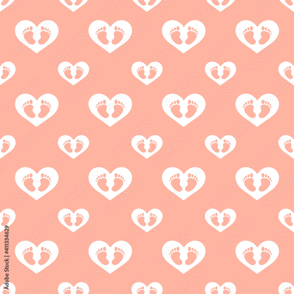 Seamless pattern with white hearts and baby feet on pink background. Funny cute endless backdrop vector illustration Seamless pattern with white hearts and baby feet on pink background. Funny cute endless backdrop vector illustration