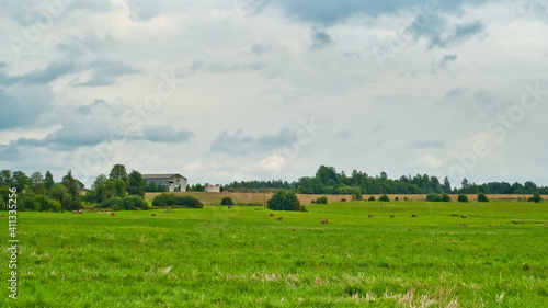 green field on the background of the sky with clouds. rural landscape