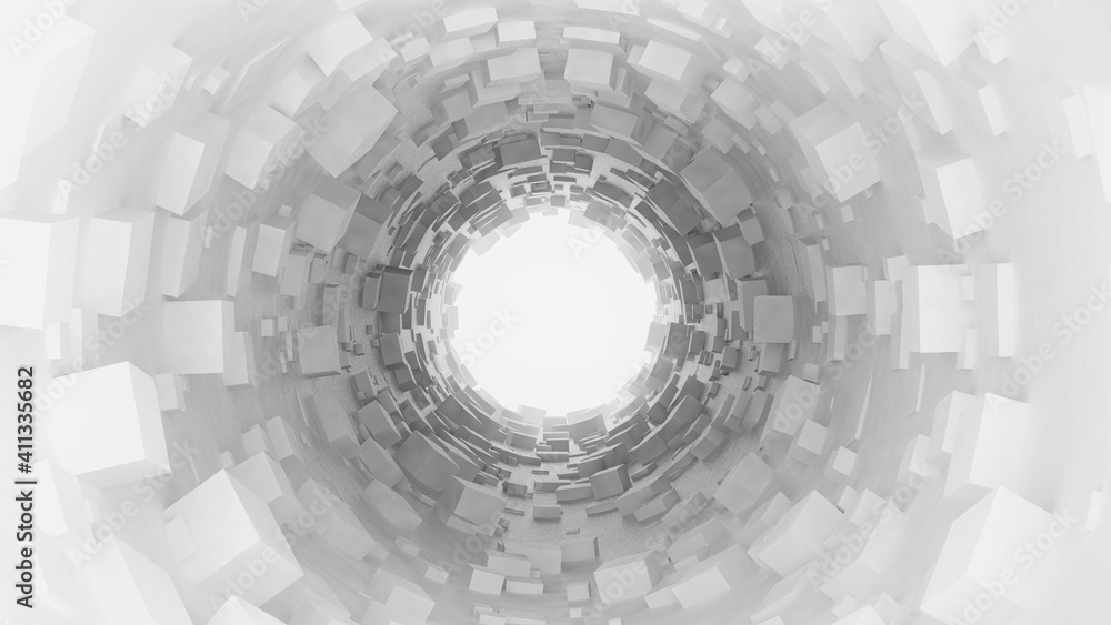 Naklejka premium Abstract white 3d round tunnel made of white cubes 3d illustration