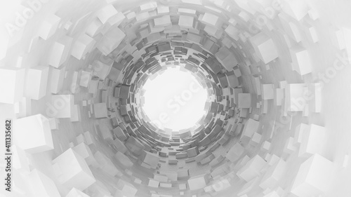 Fototapeta Naklejka Na Ścianę i Meble -  Abstract white 3d round tunnel made of white cubes 3d illustration