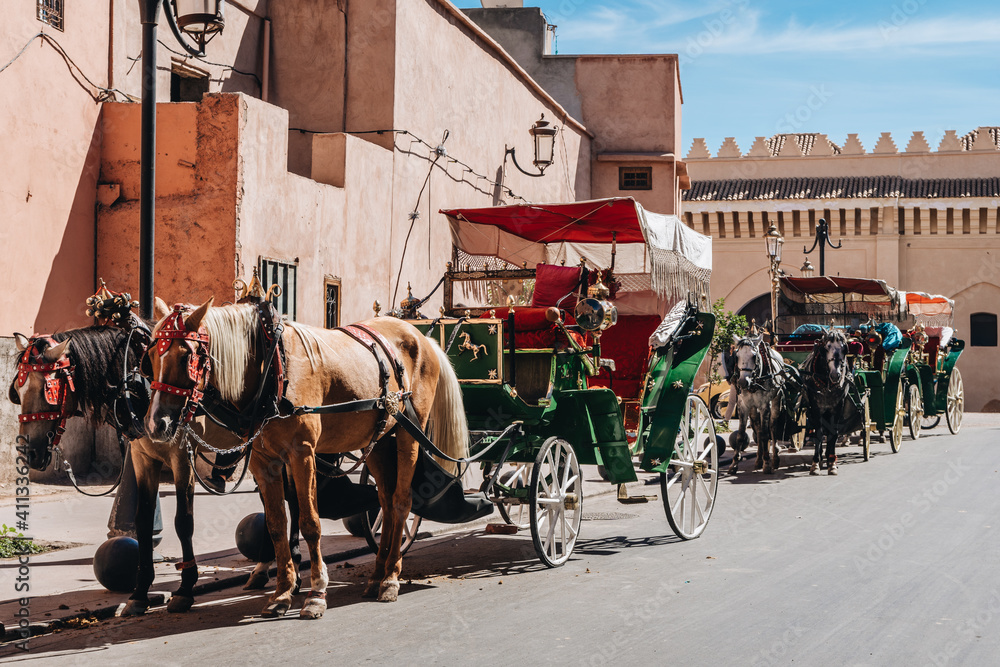 Empty Carriages in a Queue, Marrakesh, Morocco. Empty Carriages in a Queue, Marrakesh, Morocco.