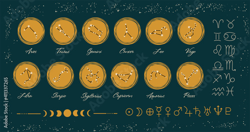 Set of signs of the zodiac, constellations. Horoscope symbols, stars, planets and moon phases. Vector set of astrological signs ocher color, on a green background. Illustrations for ancient alchemy.