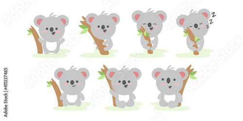 Fototapeta Naklejka Na Ścianę i Meble -  Set Of Funny koala In Different Actions And Poses Vector Illustration Cartoon Character