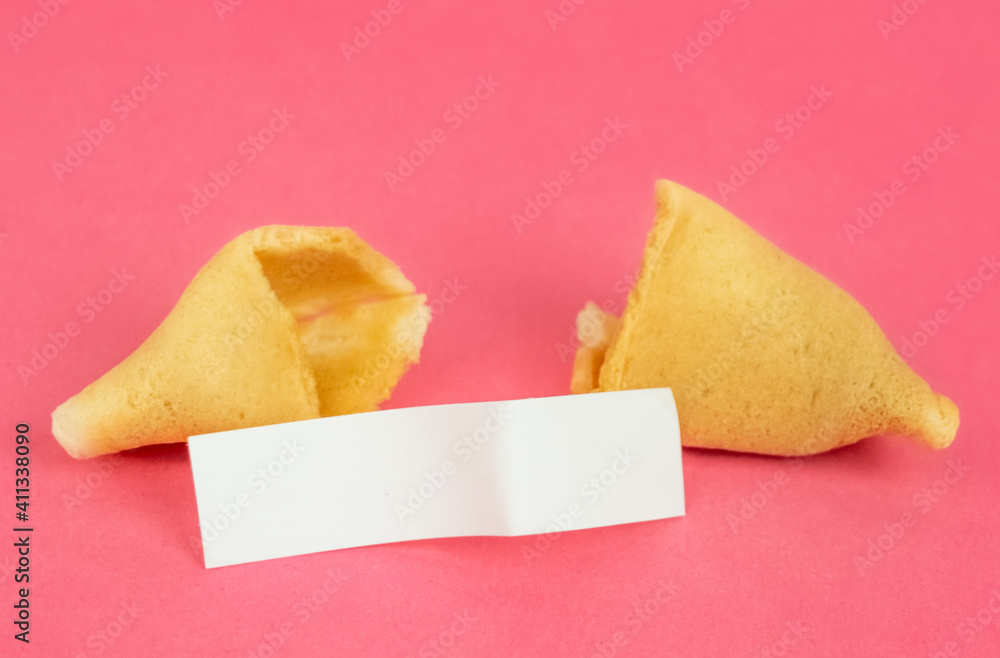 Fortune Cookie on a crimson background. Close-up of foreboding broken cookies with white piece of paper with copy space on a dark pink background Fortune Cookie on a crimson background. Close-up of foreboding broken cookies with white piece of paper with copy space on a dark pink background