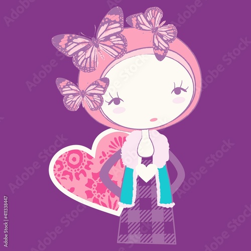 Illustration vector cute doll with butterfly and background for fashion design