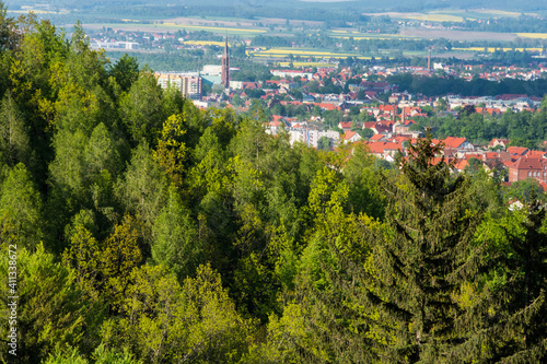 Krajobraz, panorama miasteczka widziana z lasu w górach