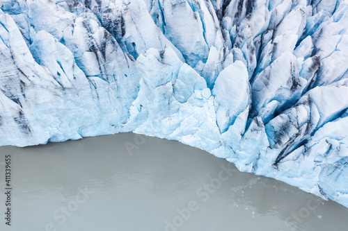 Climate change matters. Iceland. Destruction of the glacier in Iceland due to global warming. Aerial view on the glacier. Famous place in Iceland. Travel image.