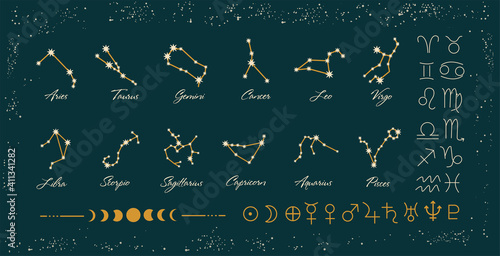 Set of signs of the zodiac, constellations. Horoscope symbols, stars, planets and moon phases. Vector set of astrological signs, on a green background. Illustrations for ancient alchemy.