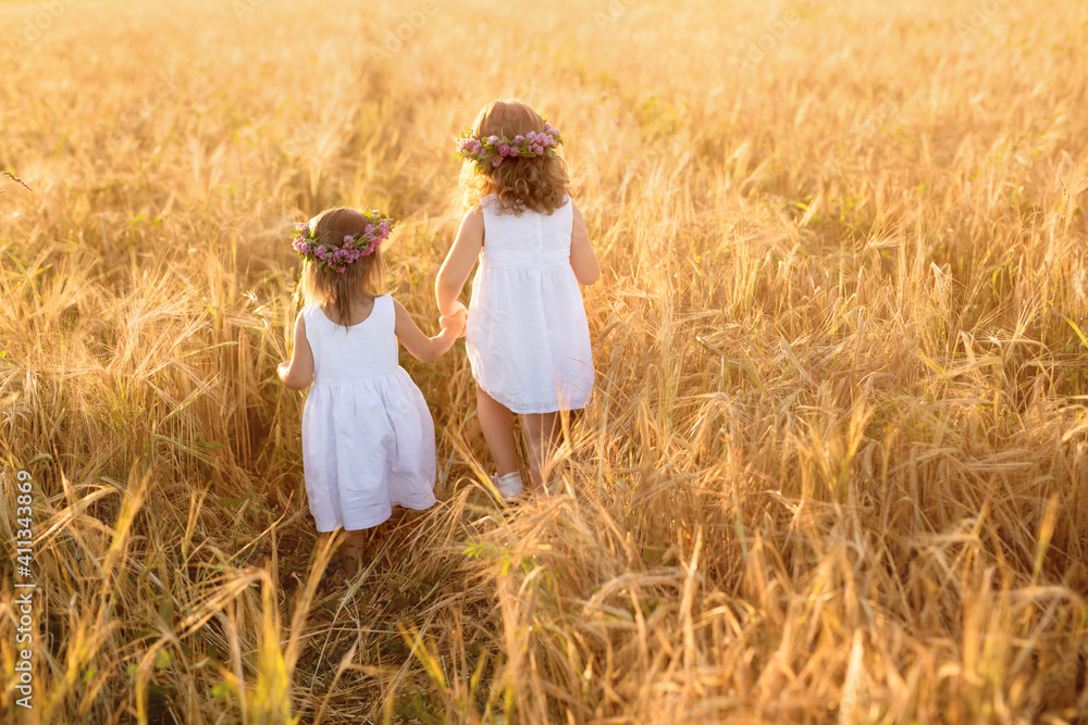 Two girls with wreaths of clover run hand in hand in a field of wheat. The friendship of two sisters. A golden field of wheat at sunset. Rear view. Unity with nature. Two girls with wreaths of clover run hand in hand in a field of wheat. The friendship of two sisters. A golden field of wheat at sunset. Rear view. Unity with nature.