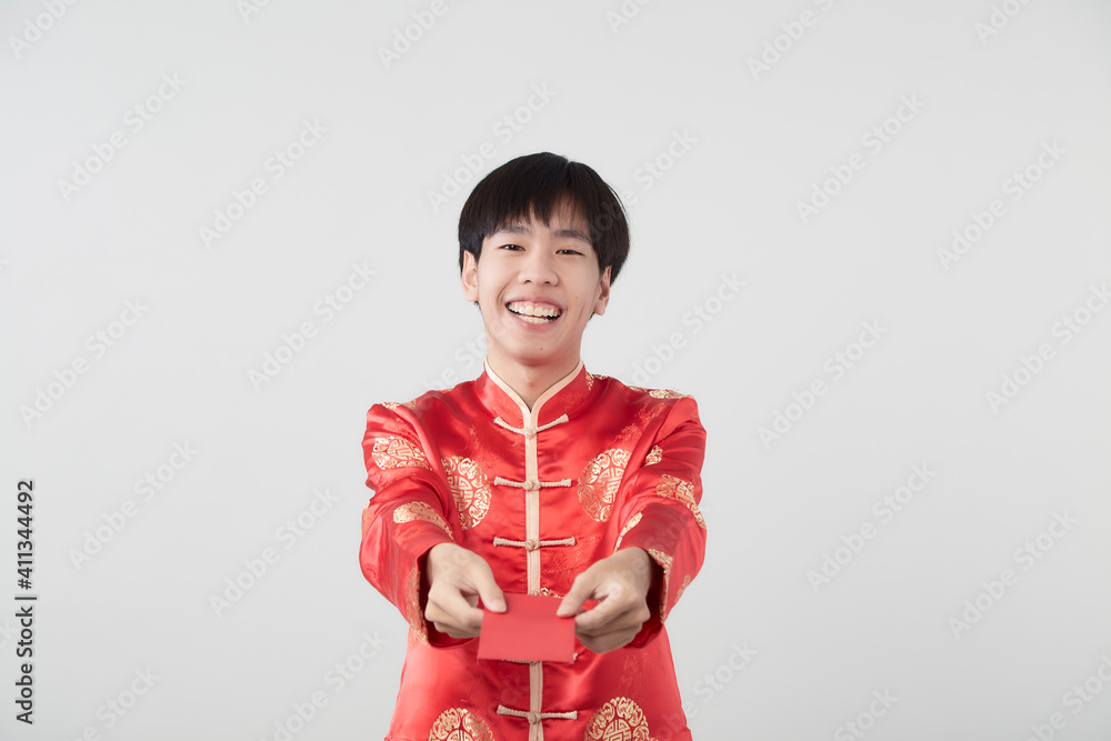 Chinese man with mandarin holding red envelope Chinese man with mandarin holding red envelope