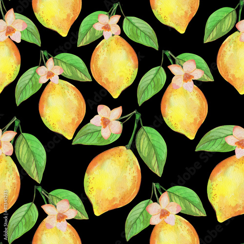 Seamless pattern, watercolor illustration, lemon with branch, tropical fruit and flowers, background for different design, ornament for wallpaper and fabric