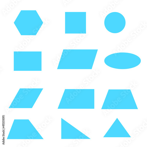 A set of flat geometric shapes circle, triangles, ellipse, trapezoid, rectangle, parallelogram isolated on a white background. Poster, visual aid.