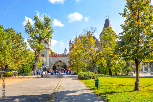 The Vajdahunyad Castle built for the Millenial Exhibition in the City Park of Budapest, Hungary, on a summer day.