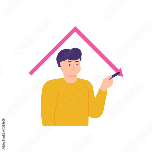 a man is showing or presenting that his income is decreasing or going bankrupt. the data graph dropped dramatically. illustration of the expression of a sad and disappointed man. flat style. vector
