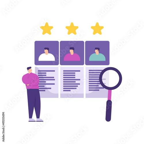 a concept of finding clients or customers, recruiting employees, opening job vacancies. illustration of men choosing and reading job applicants' biodata. magnifying glass. flat style. vector design