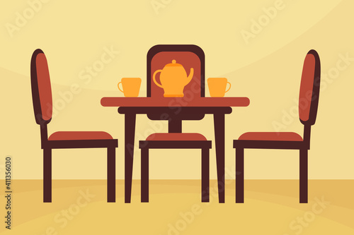 Dining table and 3 chairs and coffee cups