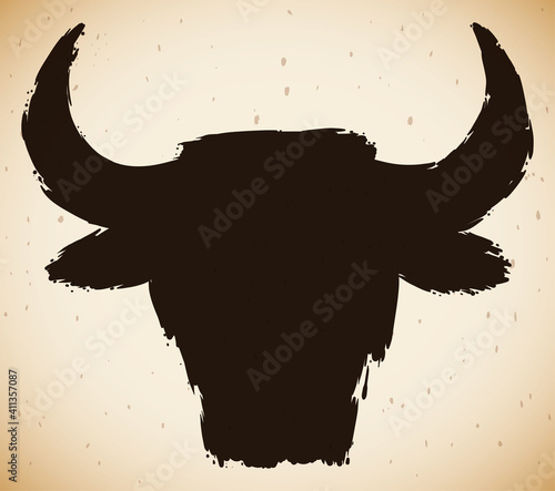 Ox head in dark brush strokes over scroll, Vector Illustration