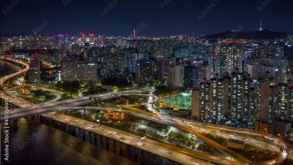 night illuminated seoul city traffic bay road junction aerial panorama 4k timelapse south korea night illuminated seoul city traffic bay road junction aerial panorama 4k timelapse south korea
