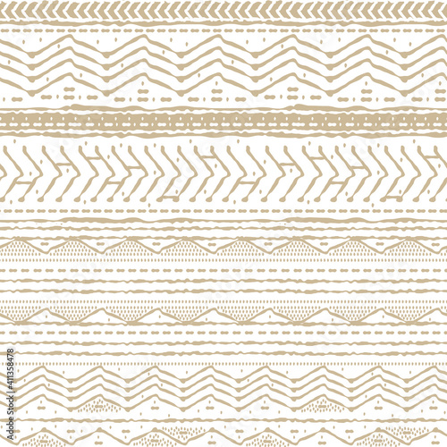 Horizontal Seamless abstract winter repeat border pattern. Random rough, twisted part of beige triangles or broken lines, zigzags, circles or big dots shapes. Hand drawn effect on white background