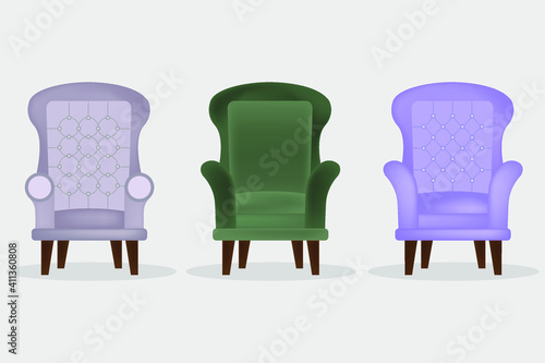 Realistic modern armchairs set with three styles