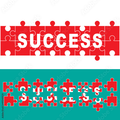 Success word on puzzle pieces, red isolated on white background, vector illustration.
