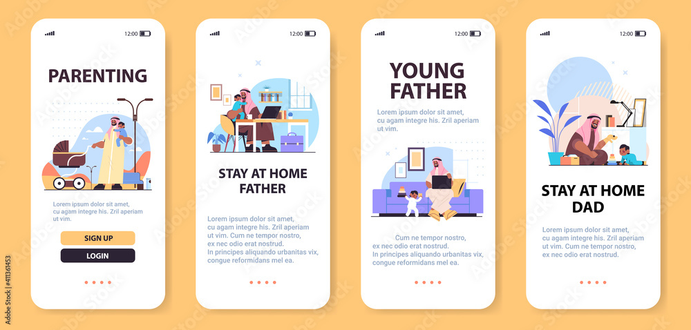 Naklejka premium set black muslim arabic father spending time with little baby son fatherhood parenting concept smartphone screens collection horizontal full length copy space vector illustration