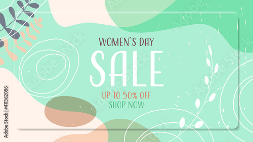 womens day 8 march holiday celebration vibrant sale banner flyer or greeting card with decorative leaves and hand drawn textures horizontal vector illustration