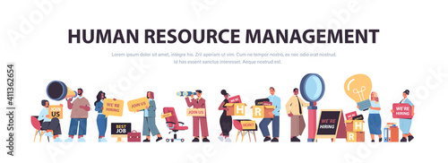 set mix race hr managers holding we are hiring join us posters vacancy open recruitment human resources concept horizontal full length copy space vector illustration