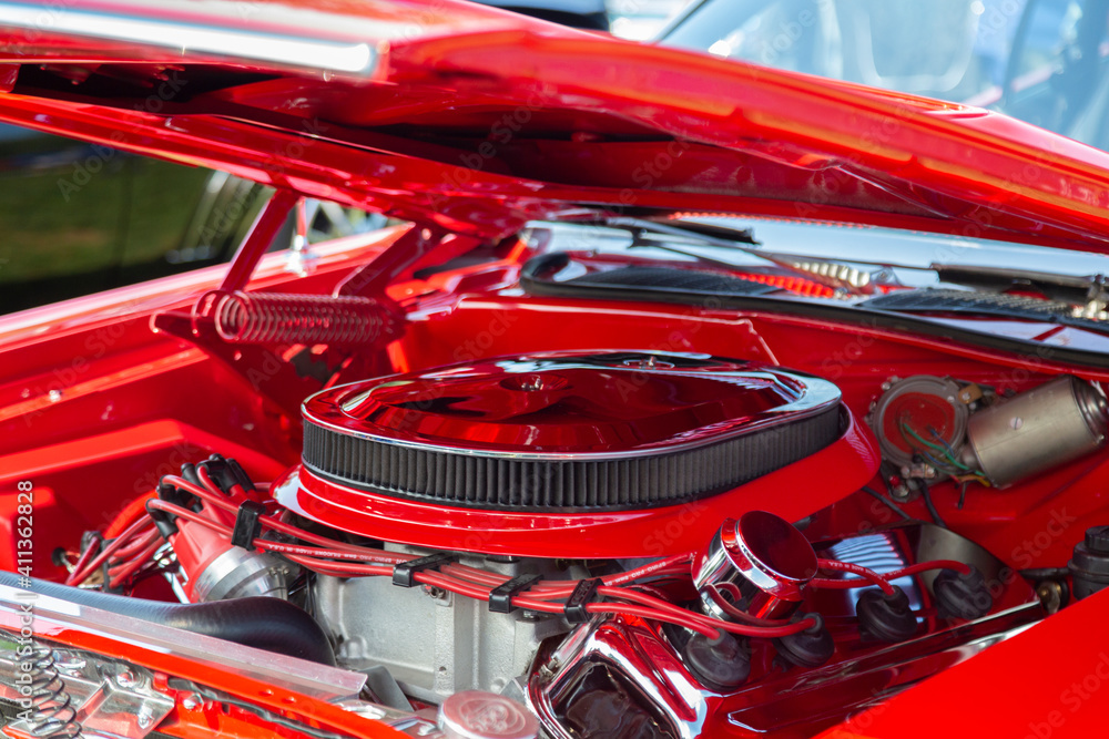 An Under the Hood Side View of Restored Vintage Automobile Engine with ...