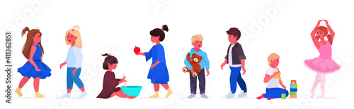 set little boys girls standing together cute children collection childhood concept female male cartoon characters horizontal full length vector illustration