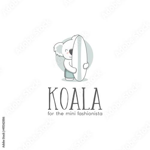 Koala Logo cute and simple design,cute koala playing surfing