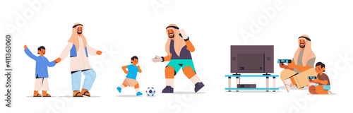 set arab father spending time with little son parenting fatherhood friendly family concept arabic dad having fun with his kid full length horizontal vector illustration