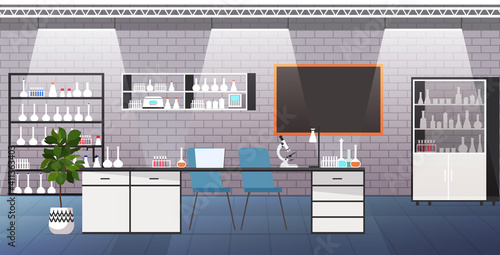 modern lab interior empty no people medical laboratory with furniture and test tubes horizontal vector illustration