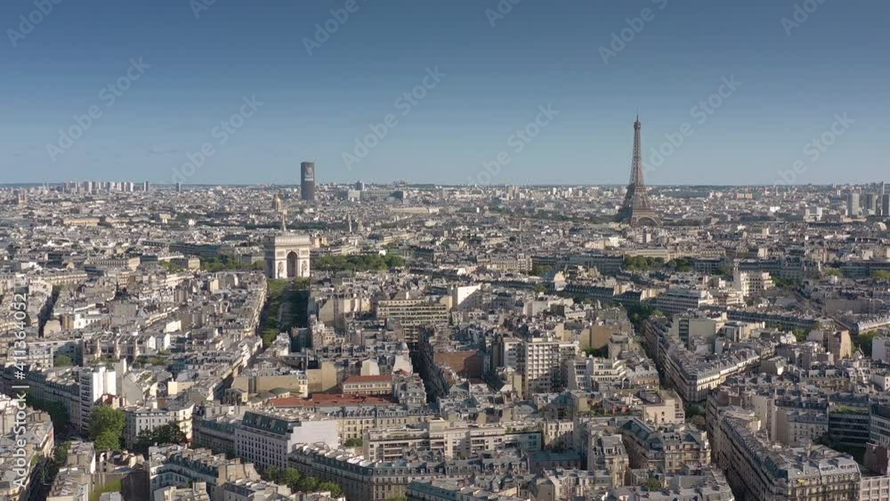 sunny day paris city famous arch and tower central district aerial panorama 4k france sunny day paris city famous arch and tower central district aerial panorama 4k france