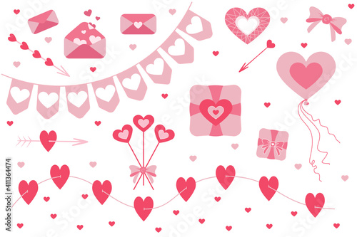 Large festive set of elements for Valentine's Day or Birthday, Wedding. Love paraphernalia is suitable for postcards, holiday banners, invitations, etc. 