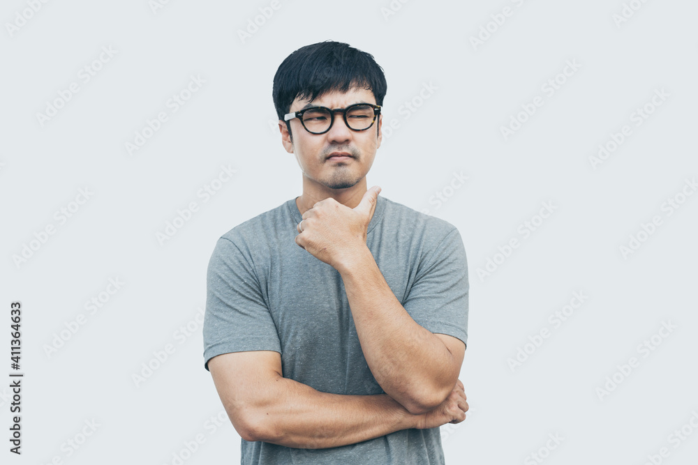 Fototapeta premium adult asian man.young male person wear eye glasses.posing smiling laughing look excited surprised thinking positive happy.empty,copy space for text advertising.white background.attractive fashion