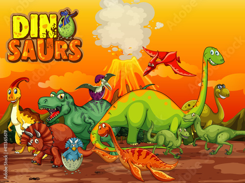 Dinosaurs cartoon character in nature scene