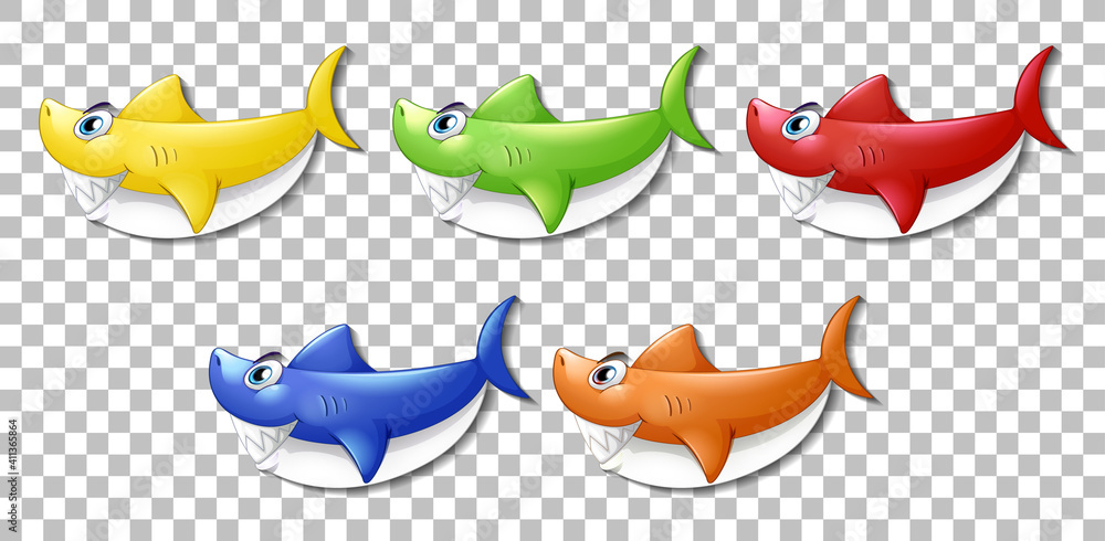 Fototapeta premium Set of many smiling cute shark cartoon character isolated on transparent background