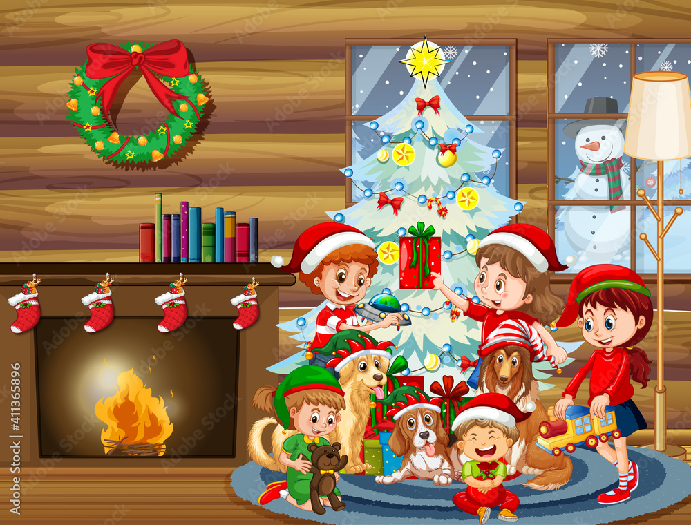 Fototapeta premium Christmas indoor scene with many children and cute dogs