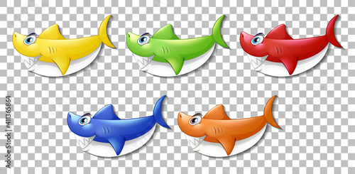 Set of many smiling cute shark cartoon character isolated on transparent background