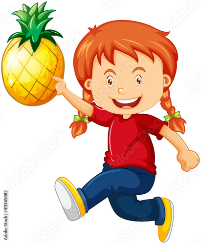 A cute girl holding pineapple cartoon character isolated on white background