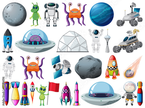 Set of space objects and elements isolated on white background