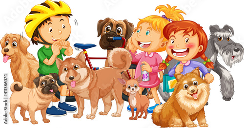 Group of children with their dogs on white background