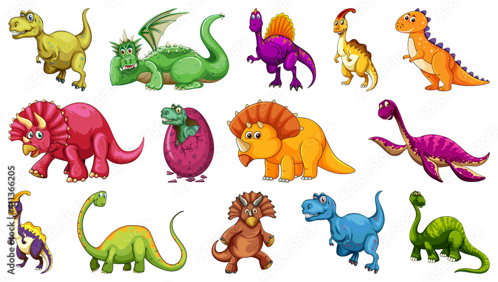 Obraz premium Set of different dinosaur cartoon character isolated on white background